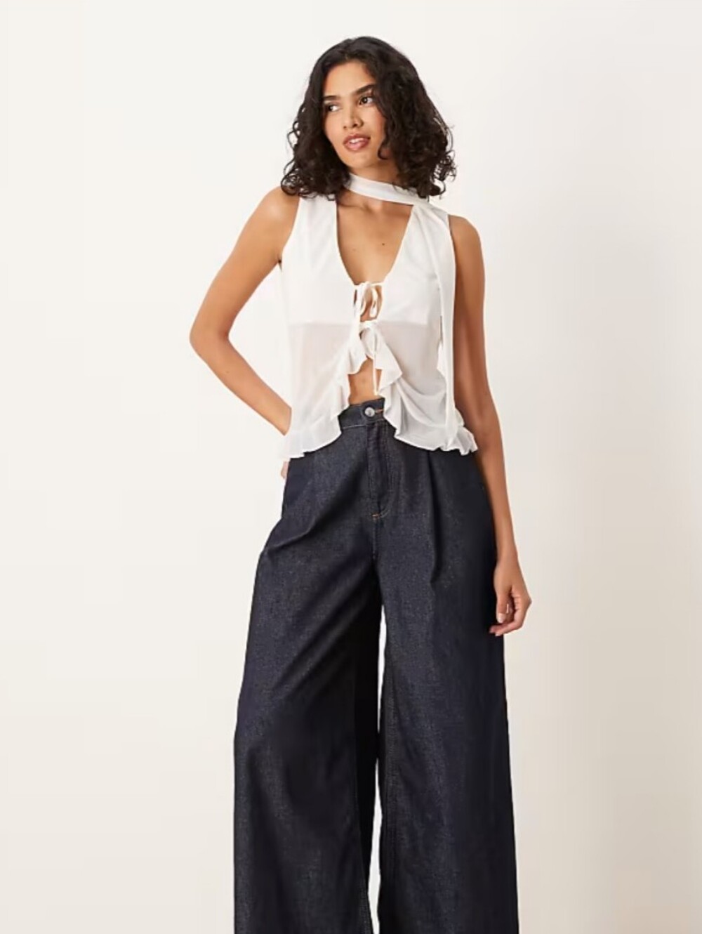 ASOS Design Ivory Ruffle Vest Top w/ Scarf Tie-Front Sz Medium Romantic Glam - Picture 2 of 7